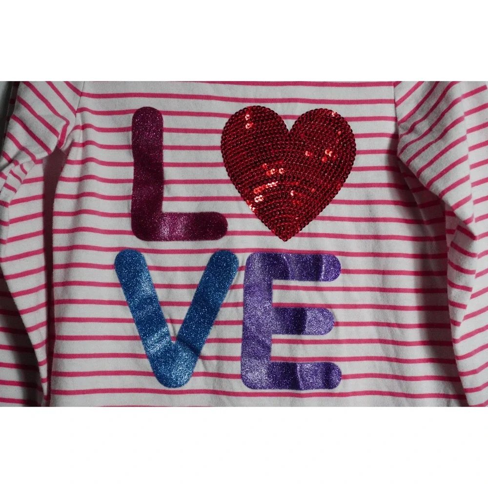 The Childrens Place Long Sleeve Shirt 5T Striped Pink Love Sequin Heart